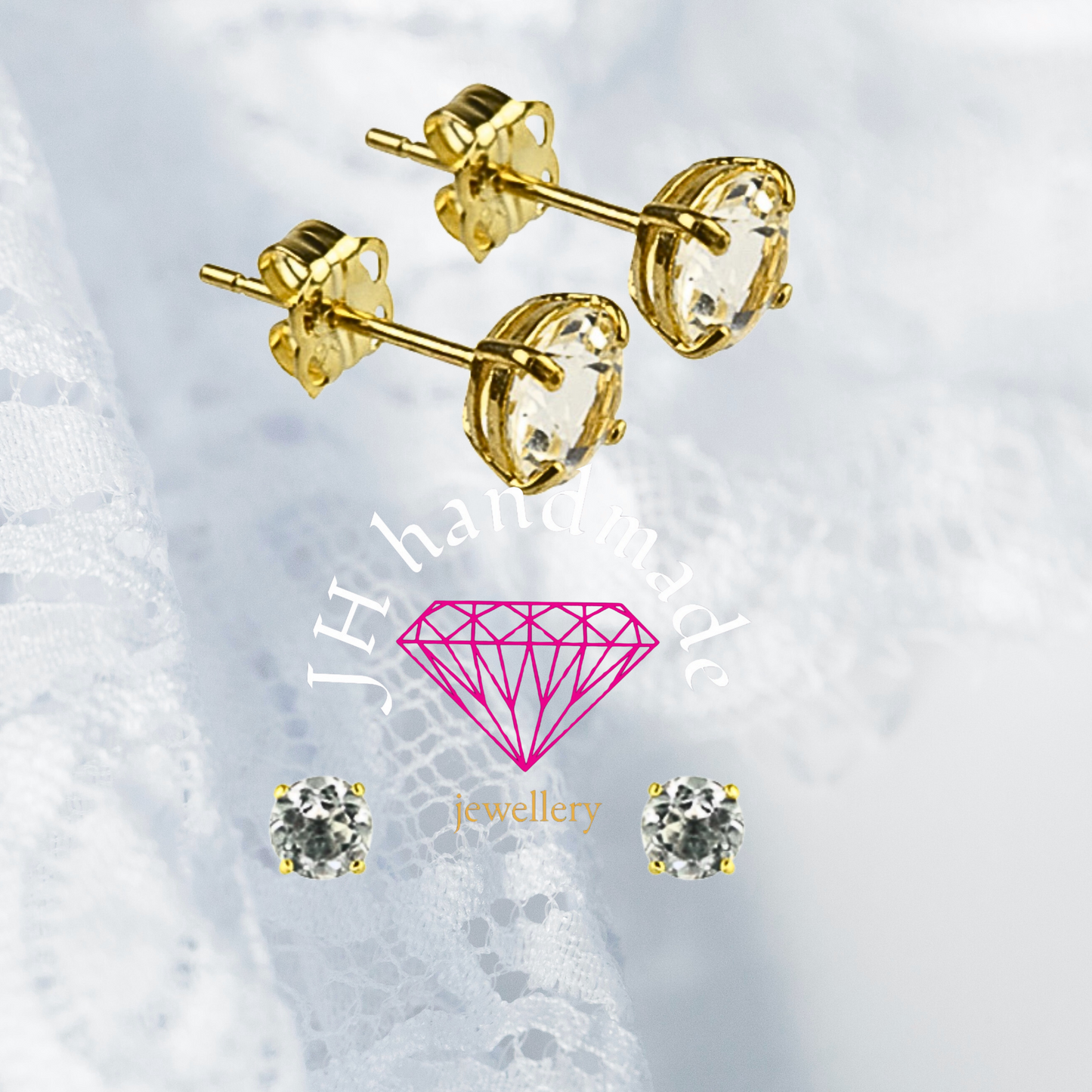 9CT Solid Gold White Topaz Stud Earrings 5mm Gemstones