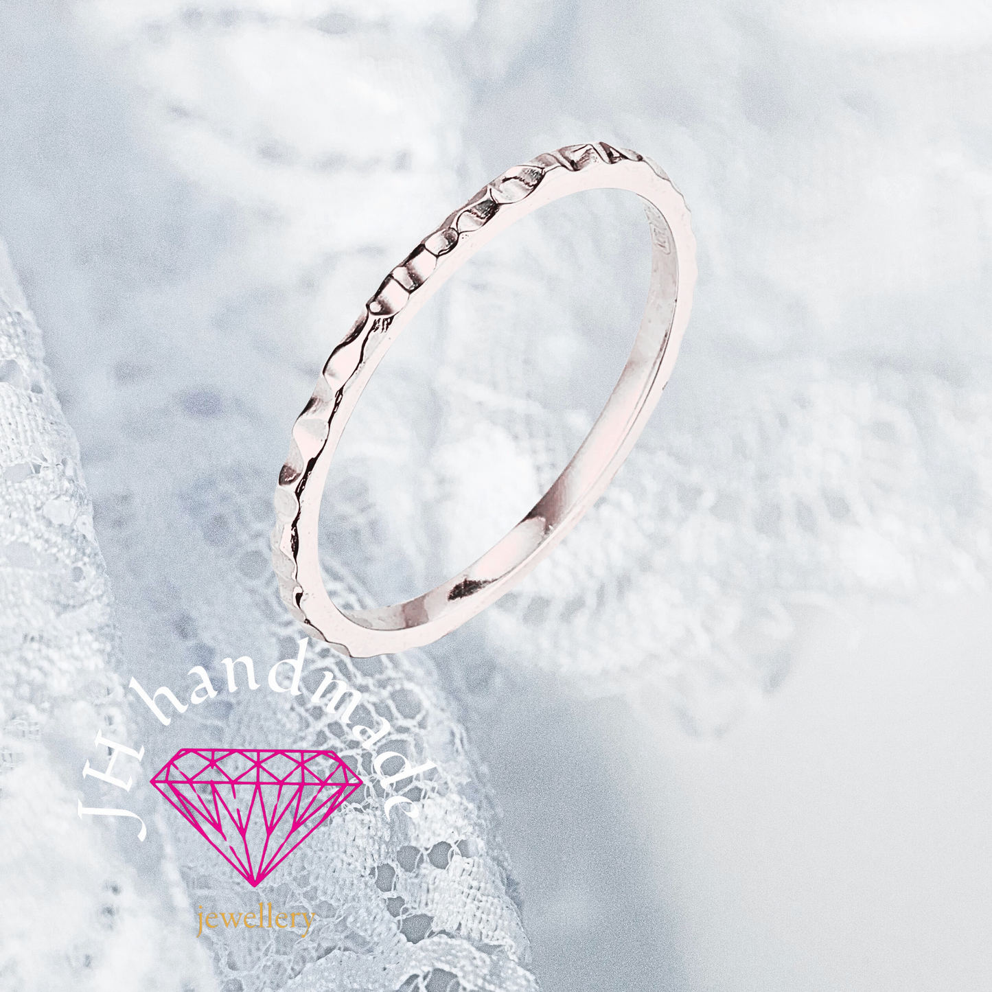 Solid Silver Deep Hammered pattern stacking ring 1.5mm Handmade