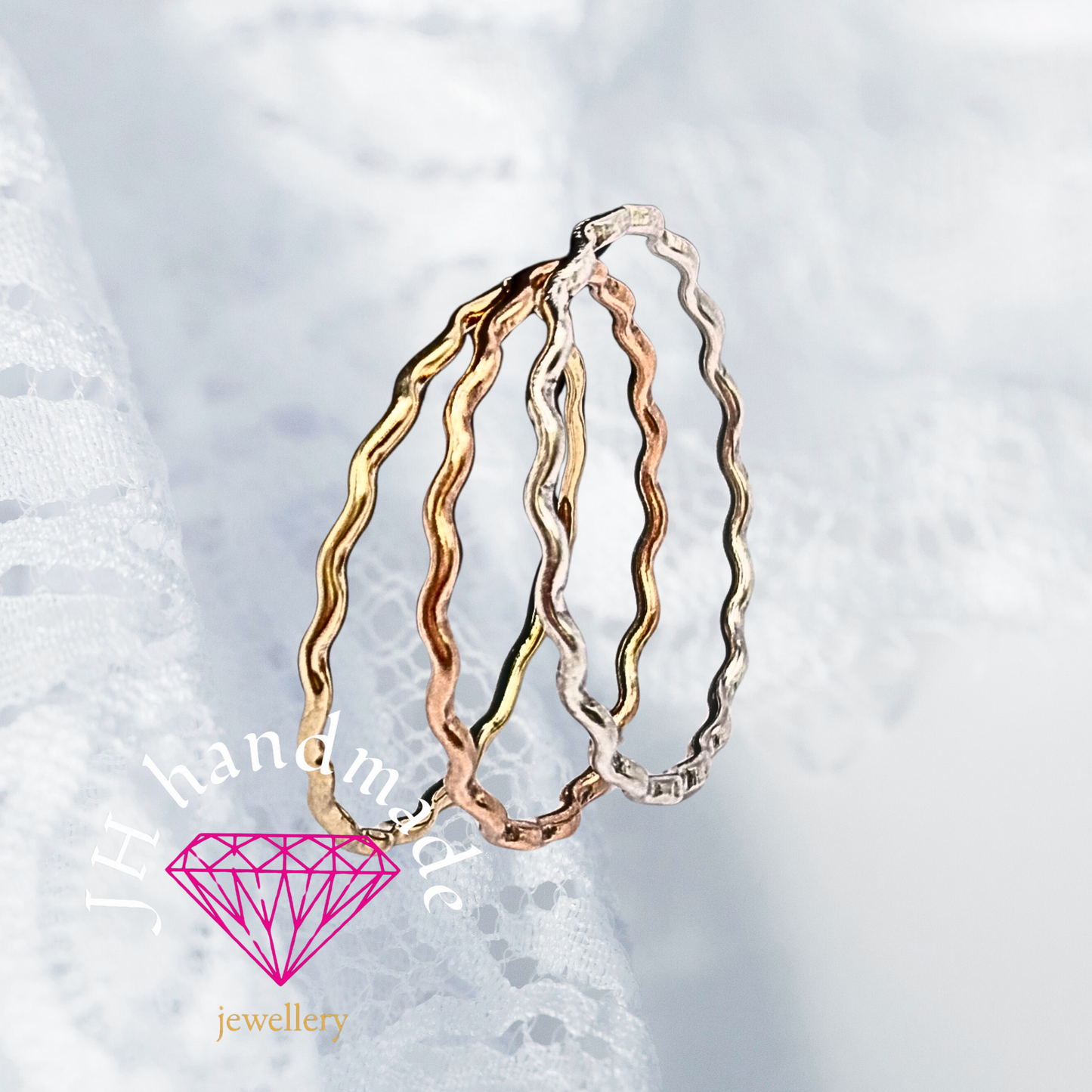 9ct solid gold wavy stacking ring 1mm Handmade
