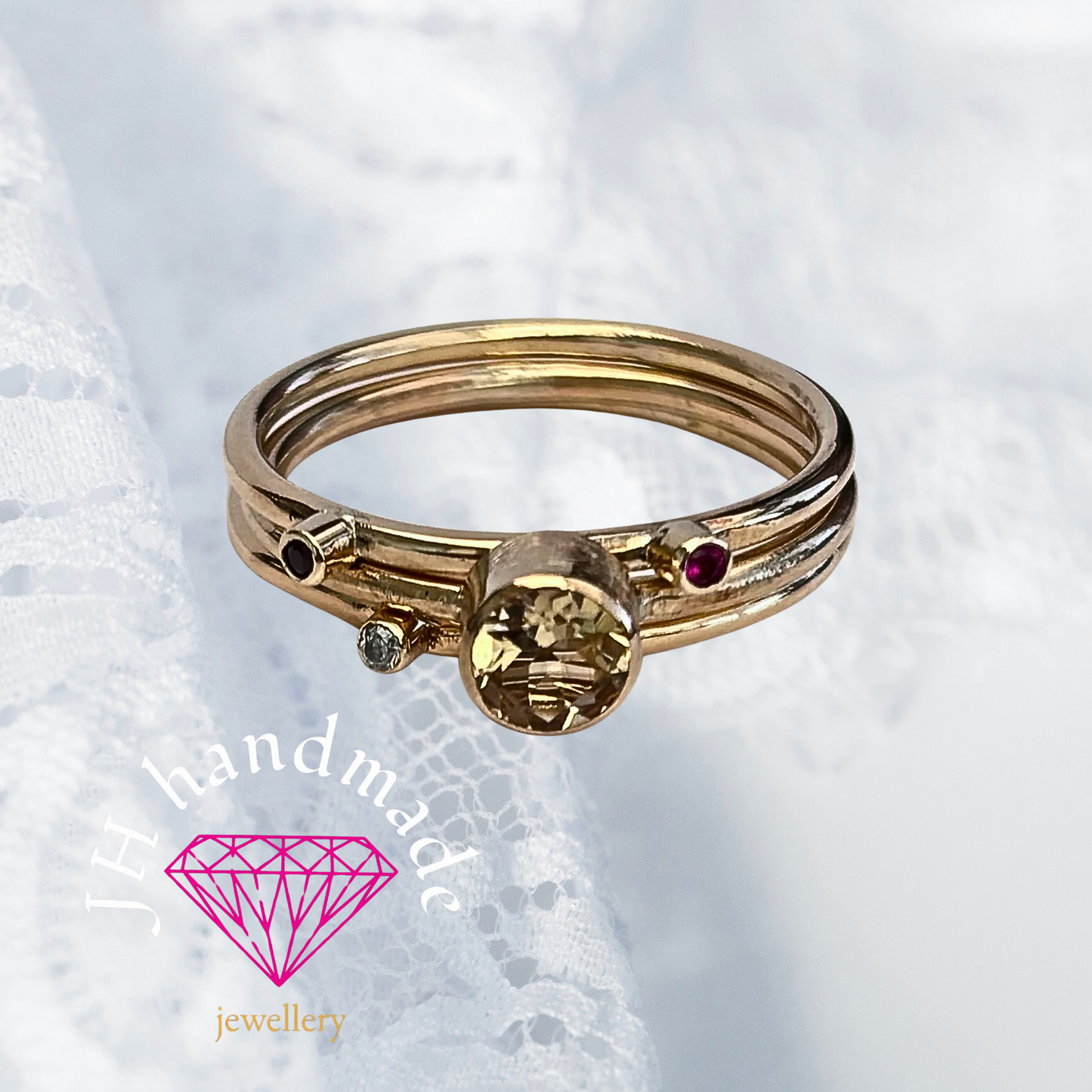 9ct Solid Gold Stacking Ring Set Citrine Ruby Diamond Handmade