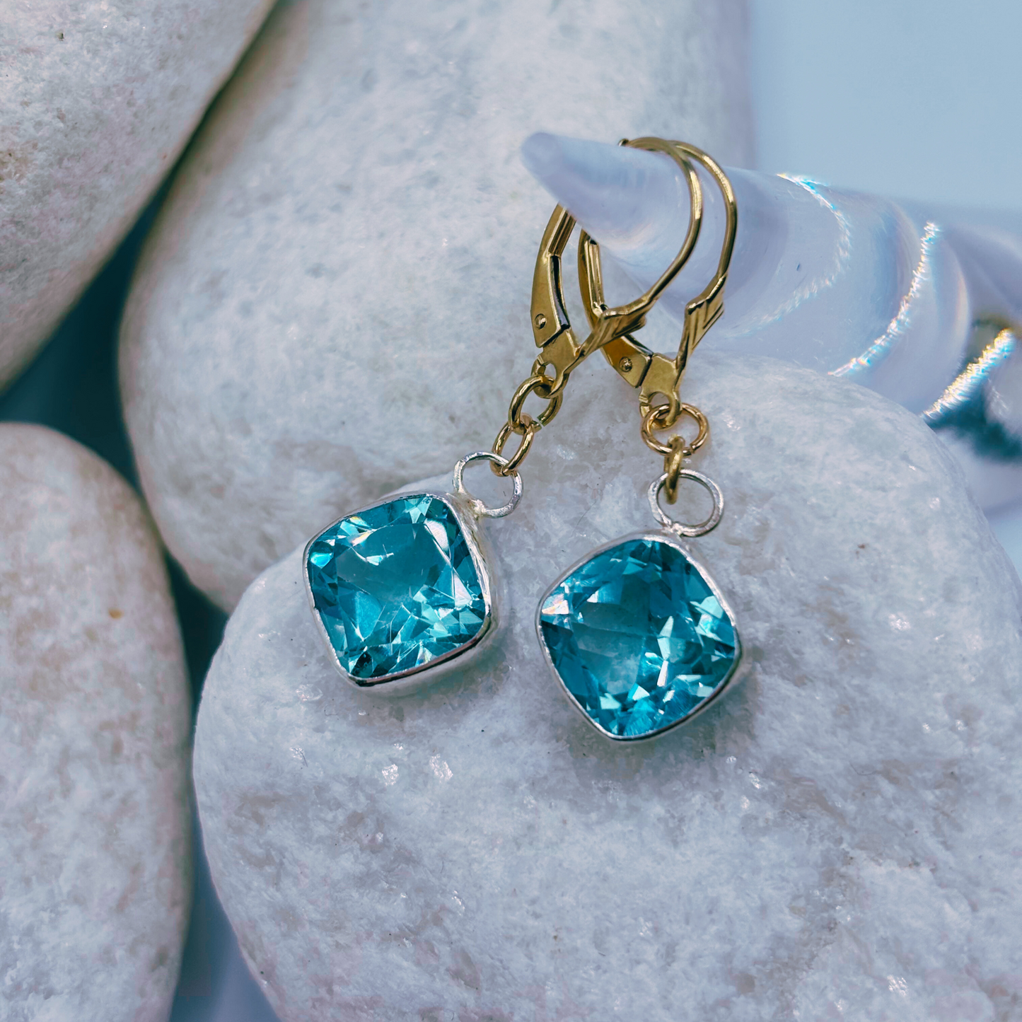 9ct Gold and Silver Topaz Drop Earrings Handmade