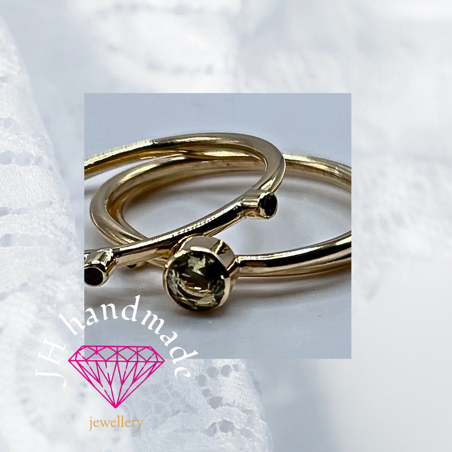 9ct Solid Gold Stacking Ring Set Citrine Ruby Diamond Handmade