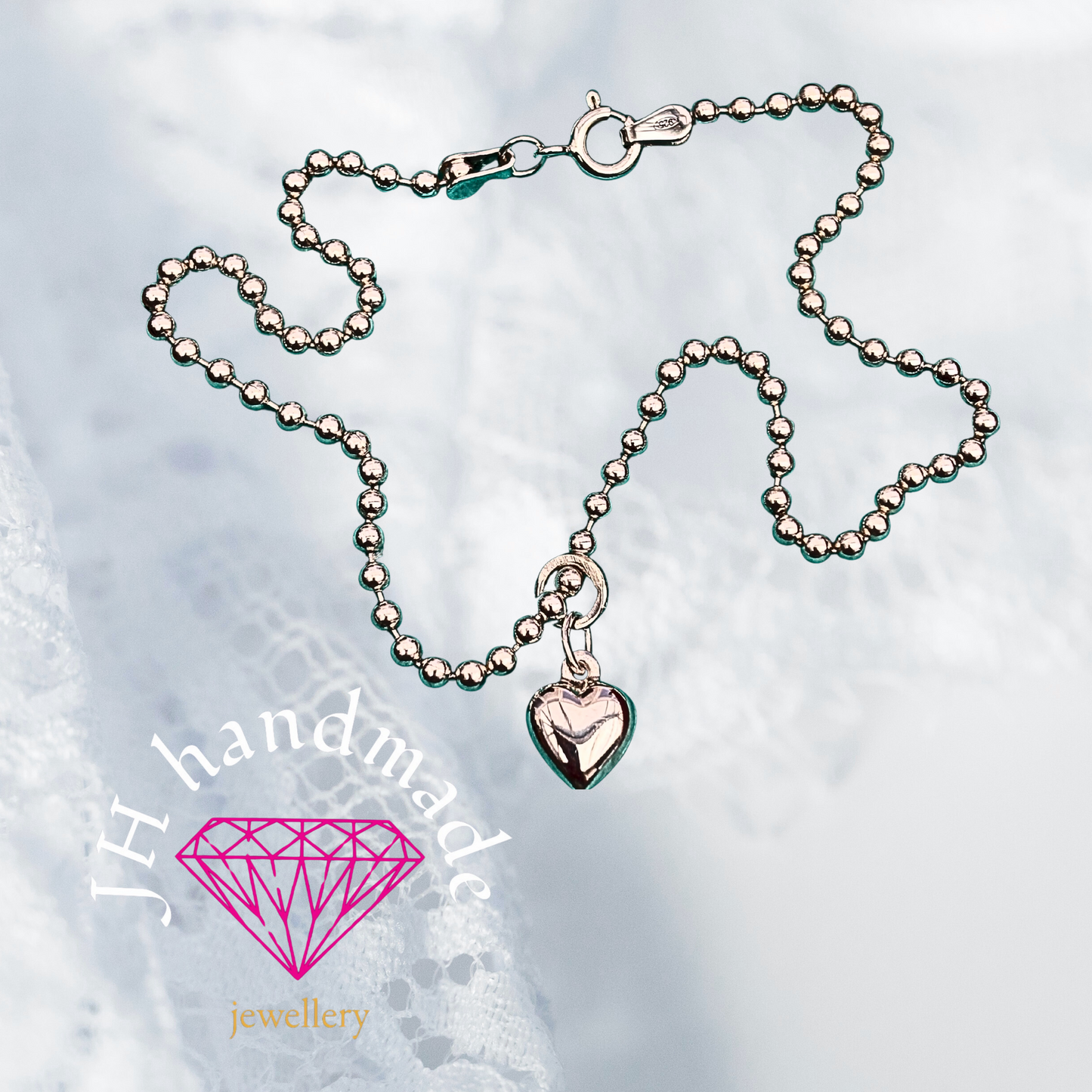 Solid Silver Ankle Bracelet with puffy Heart Charm All lengths available custom made