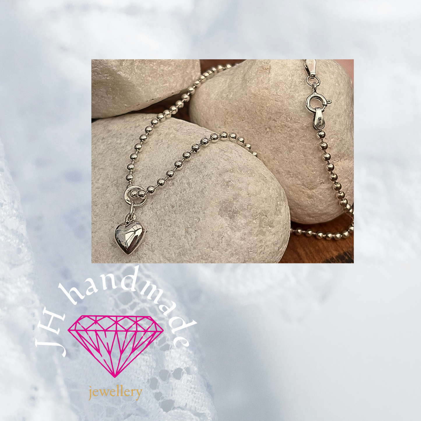 Solid Silver Ankle Bracelet with puffy Heart Charm All lengths available custom made
