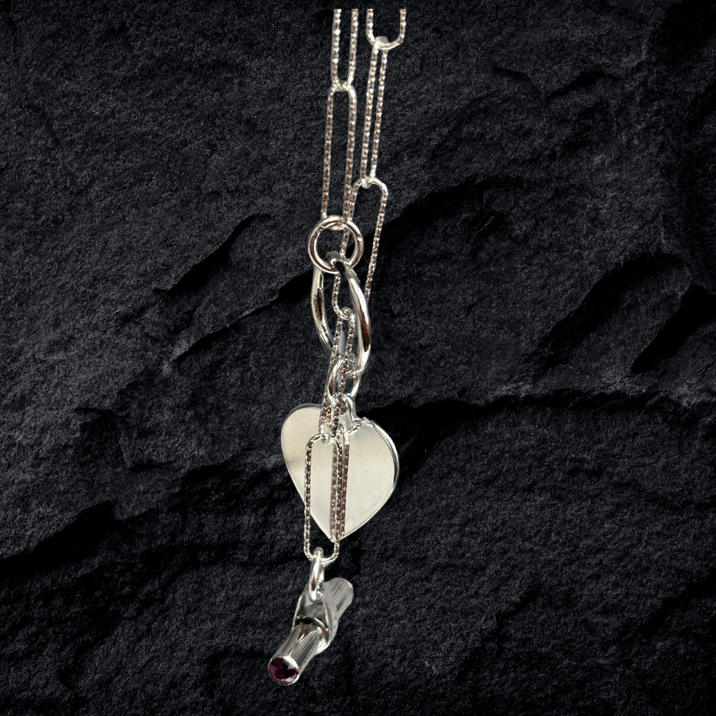 Solid Silver T/ Bar Necklace with gemstones and Heart Charm Handmade