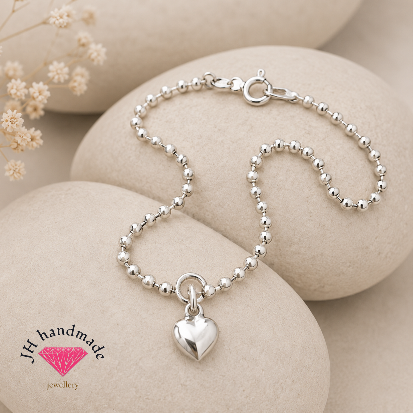 Solid Silver Ankle Bracelet with puffy Heart Charm All lengths available custom made