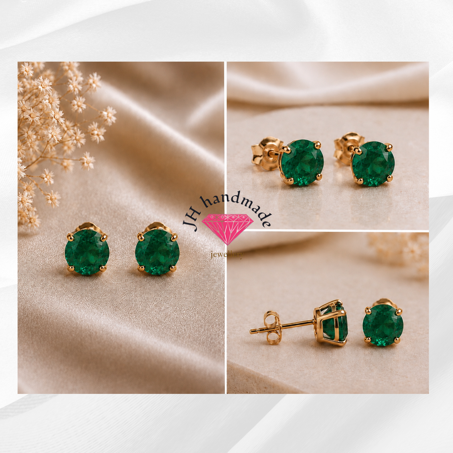 9CT Solid Gold Emerald Stud Earrings 5mm Gemstones