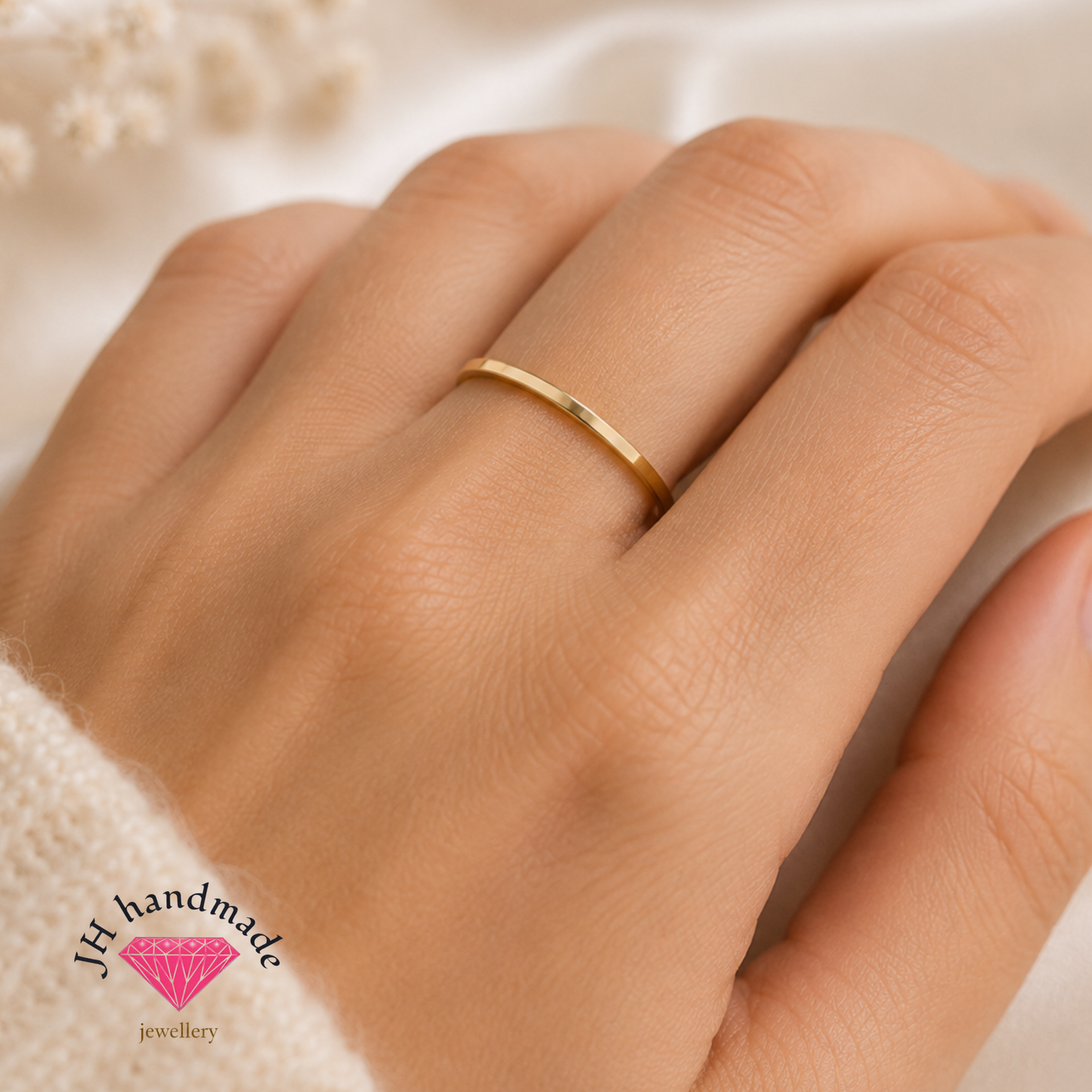 9ct Solid Gold Square Edge Plain Stacking Ring 1mm Handmade
