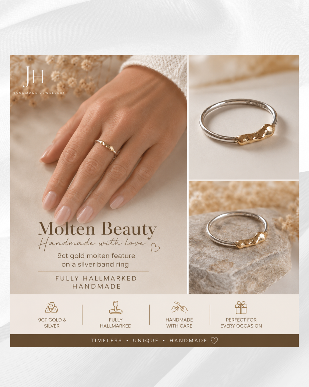 9ct Solid Gold Molten Nugget Ring with silver band custom made