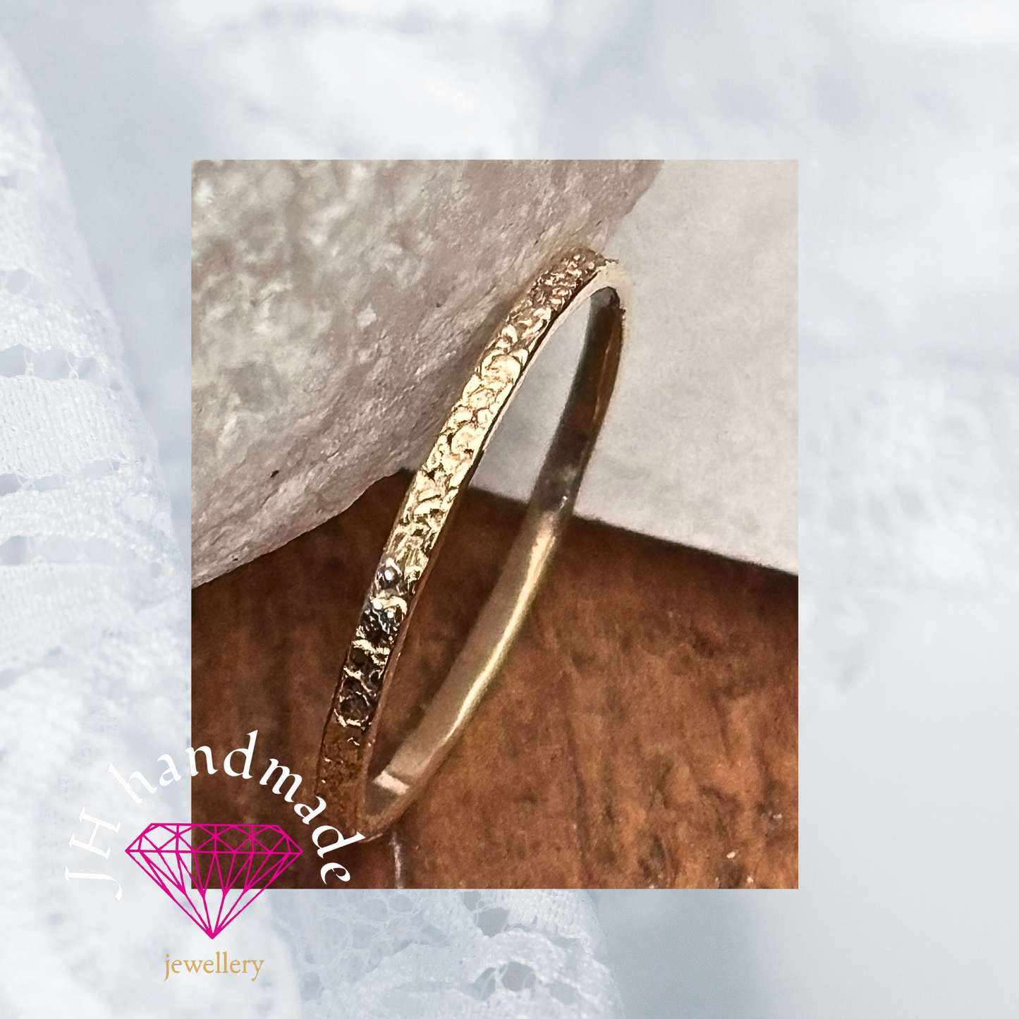 9ct Solid Gold Deep Hammered pattern Stacking / wedding Ring 1.5mm Handmade