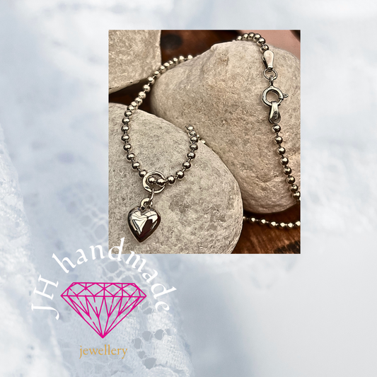 Solid Silver Ankle Bracelet with puffy Heart Charm All lengths available custom made