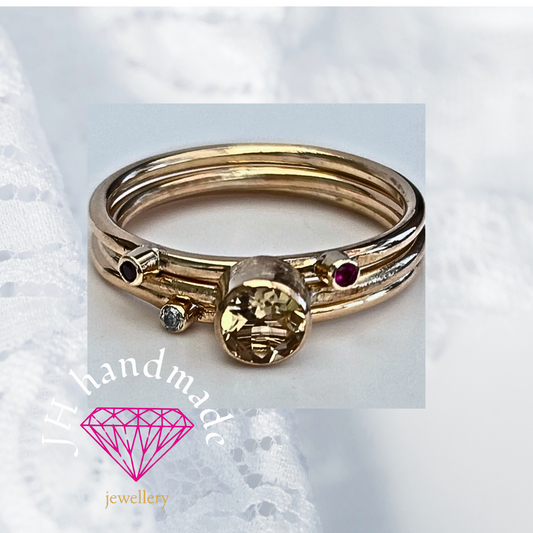 9ct Solid Gold Stacking Ring Set Citrine Ruby Diamond Handmade