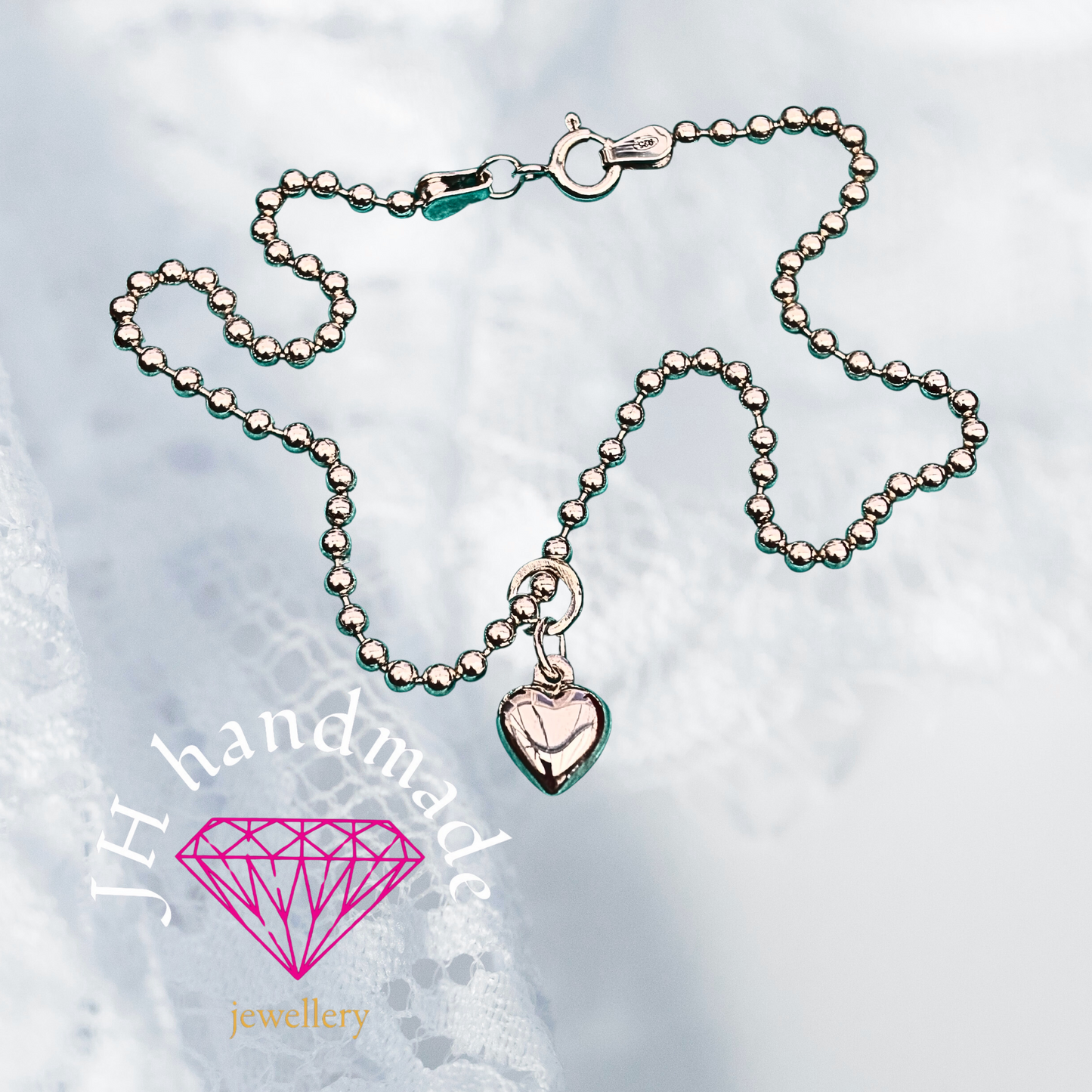 Solid Silver Ankle Bracelet with puffy Heart Charm All lengths available custom made