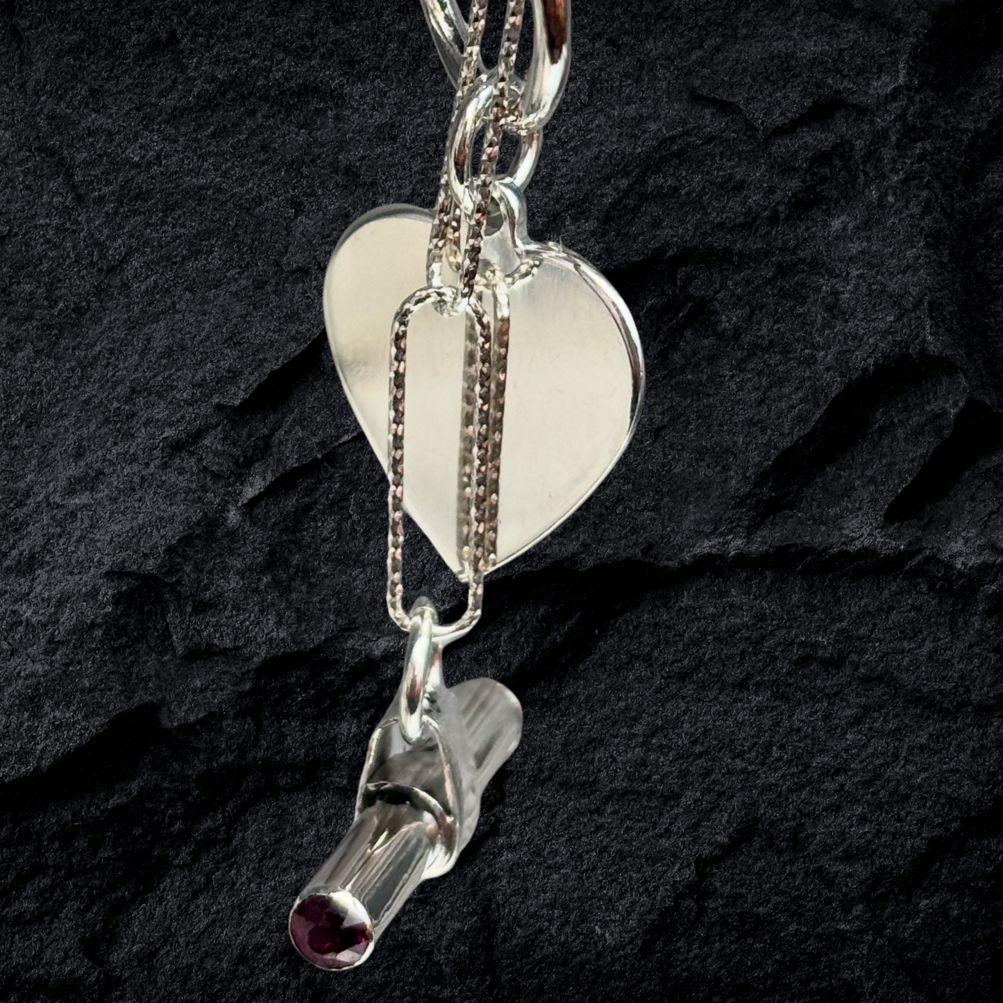 Solid Silver T/ Bar Necklace with gemstones and Heart Charm Handmade