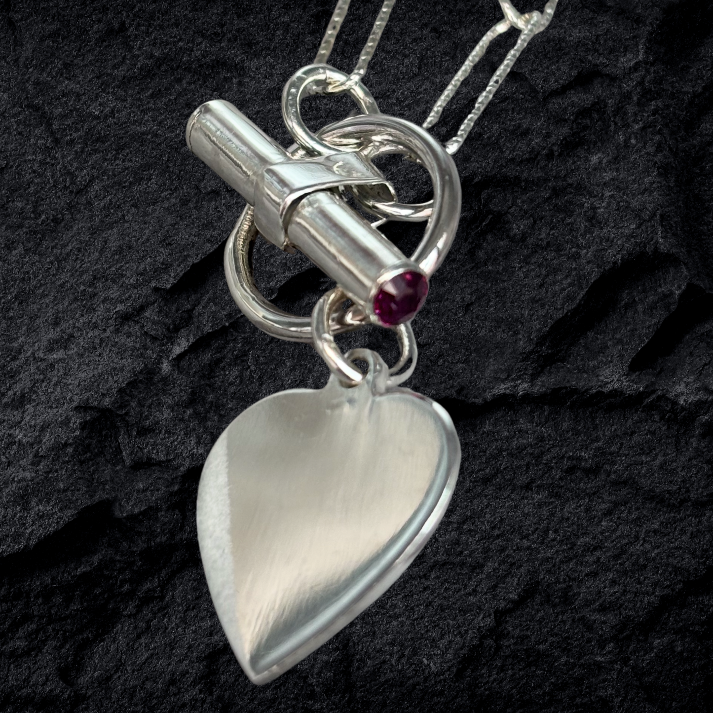 Solid Silver T/ Bar Necklace with gemstones and Heart Charm Handmade