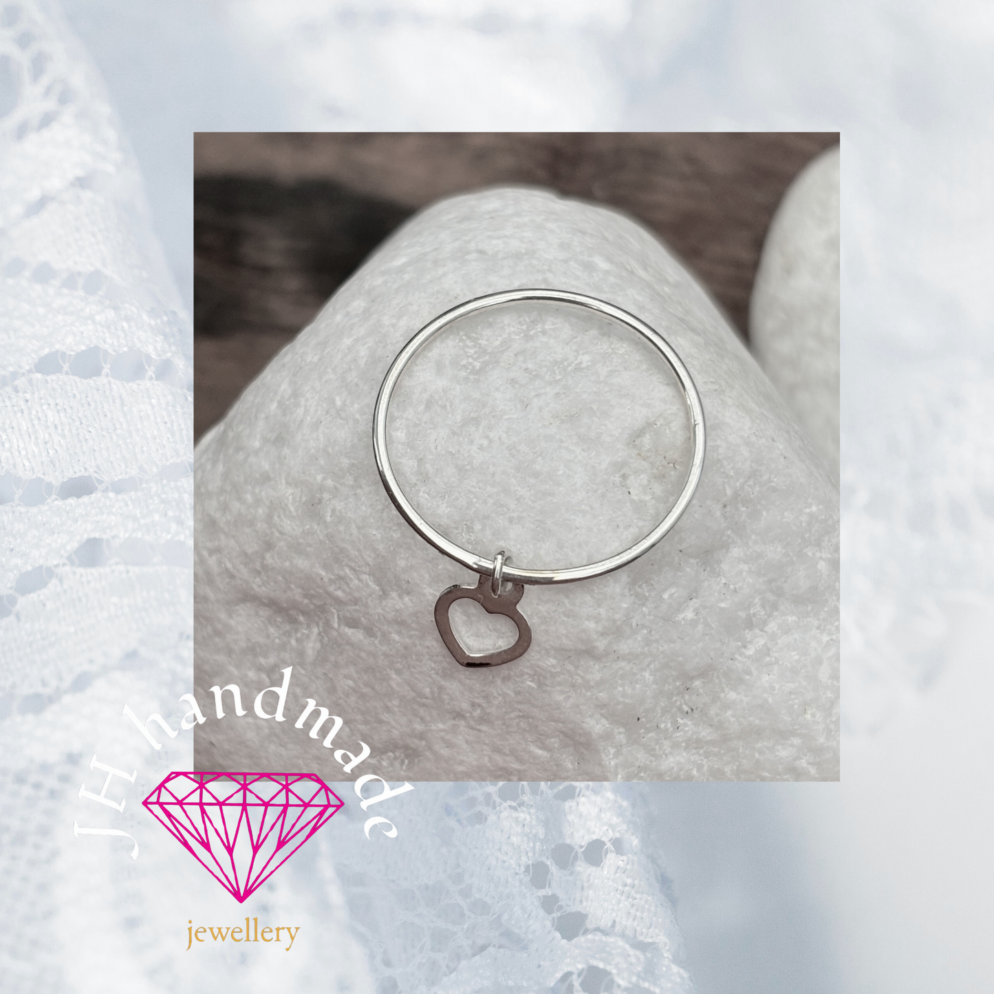 Solid Silver Plain Round Stacking Ring 1mm with Heart Charm Handmade