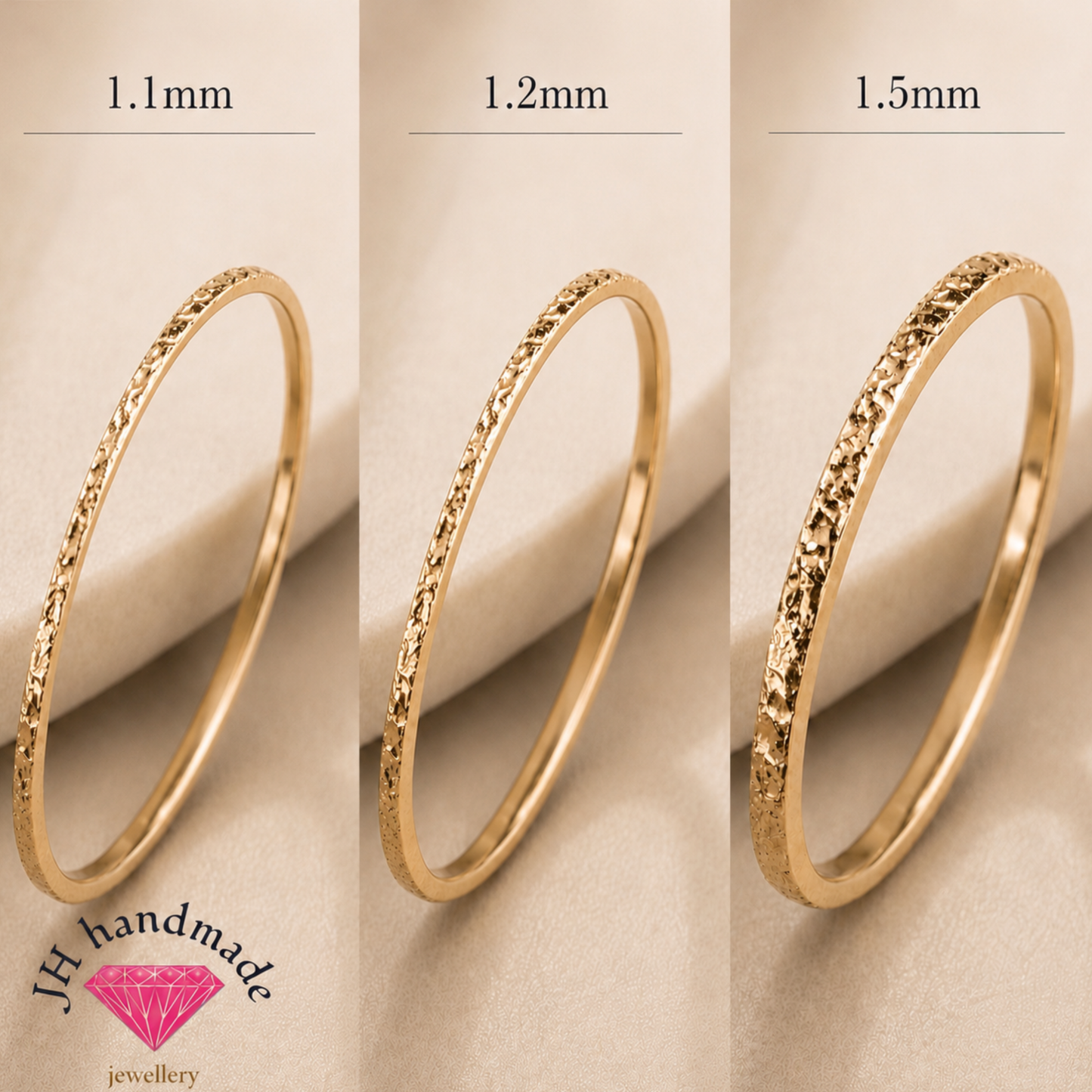 9ct Solid Gold Deep Hammered pattern Stacking / wedding Ring 1.5mm Handmade