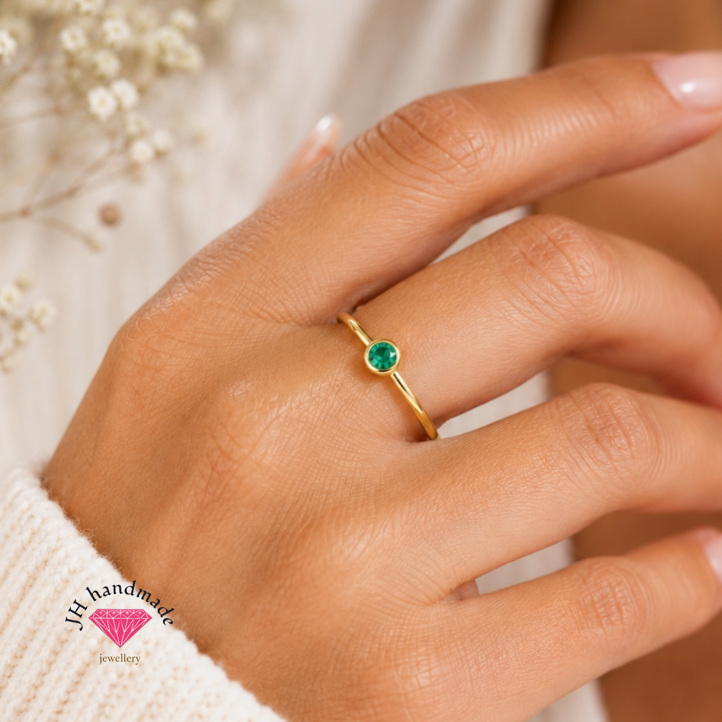9ct Solid Gold Emerald Gemstone Stacking Ring Handmade
