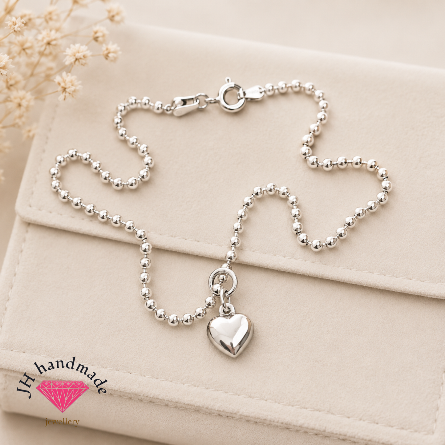 Solid Silver Ankle Bracelet with puffy Heart Charm All lengths available custom made