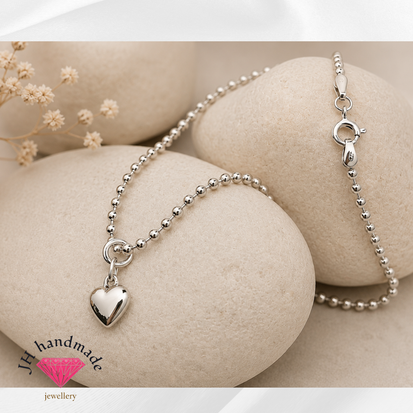 Solid Silver Ankle Bracelet with puffy Heart Charm All lengths available custom made