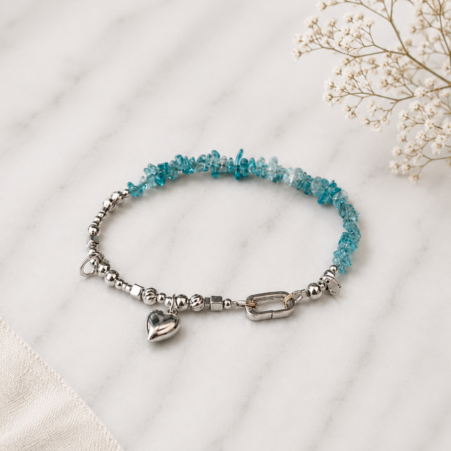 Solid Silver Ocean Heart Bracelet  with Apatite Custom Made