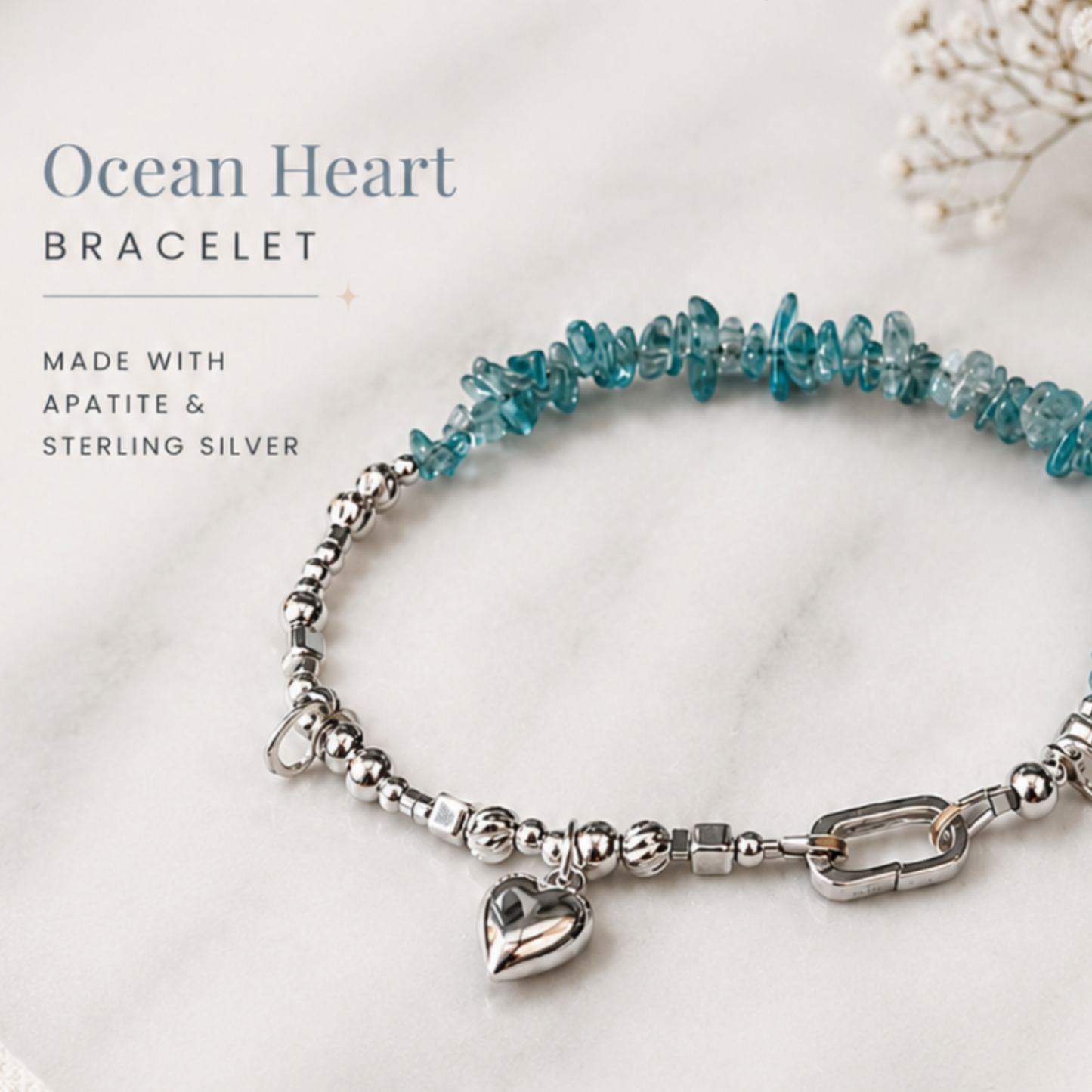 Solid Silver Ocean Heart Bracelet  with Apatite Custom Made