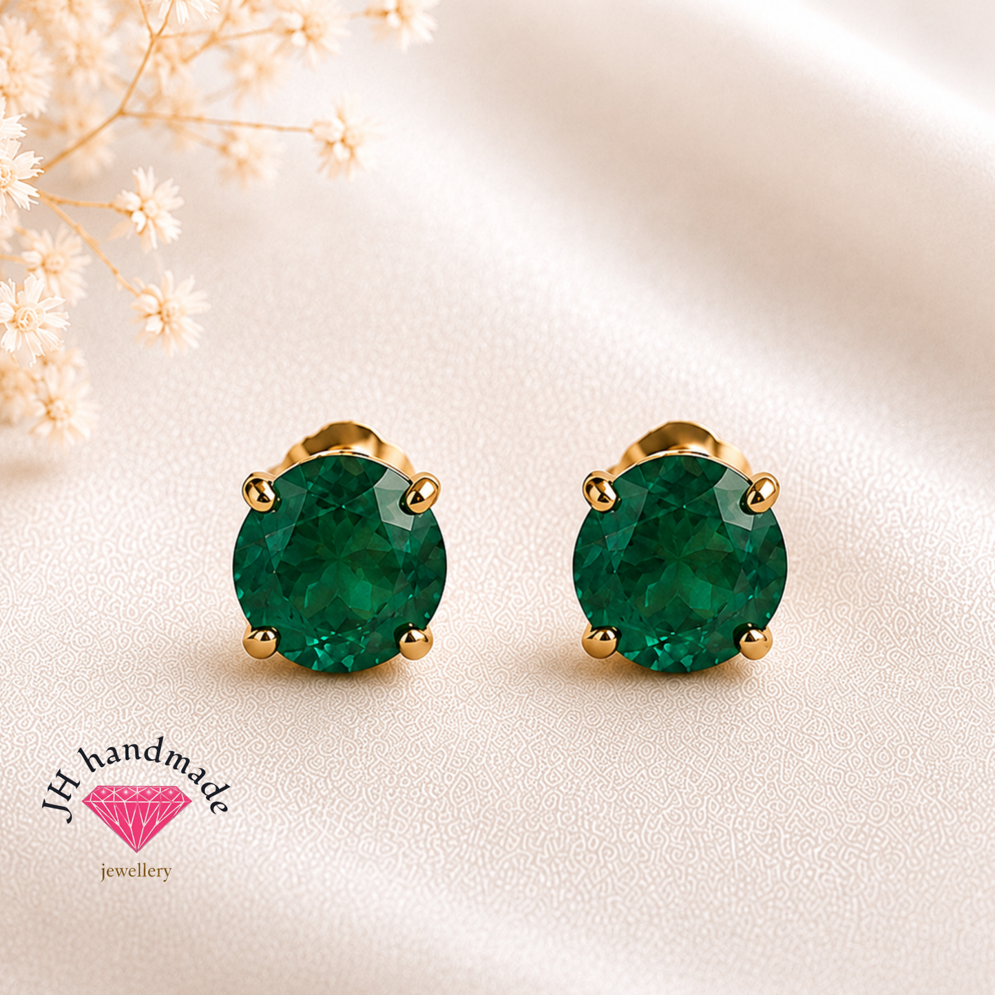 9CT Solid Gold Emerald Stud Earrings 5mm Gemstones