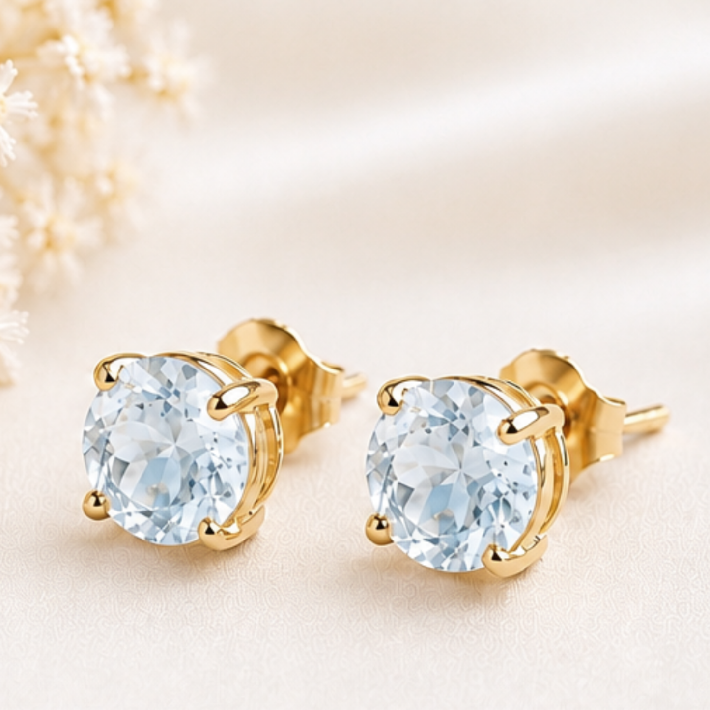 9CT Solid Gold Aquamarine Stud Earrings 5mm Gemstones