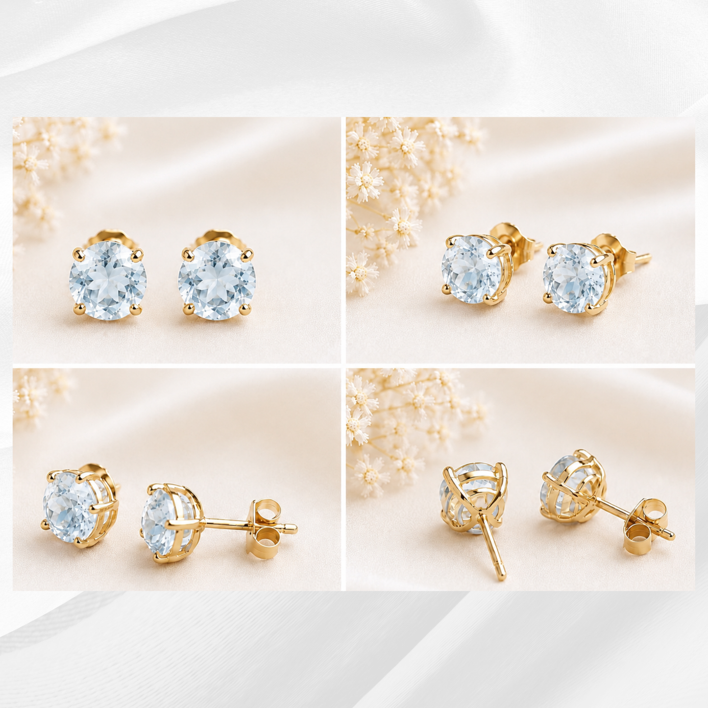 9CT Solid Gold Aquamarine Stud Earrings 5mm Gemstones
