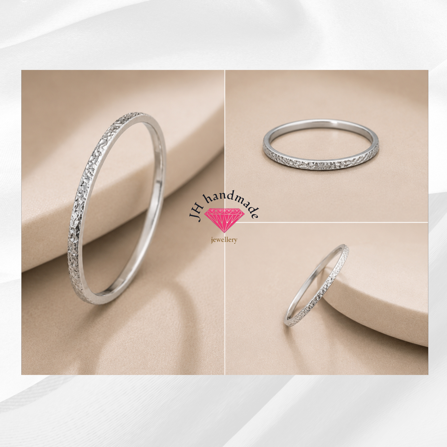 Solid Silver Deep Hammered pattern stacking ring 1.5mm Handmade