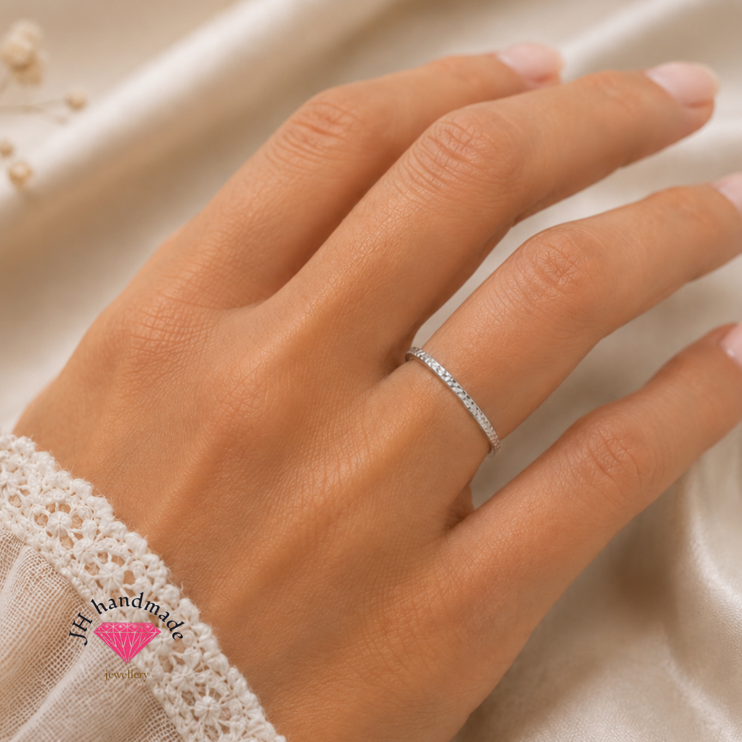 Solid Silver Deep Hammered pattern stacking ring 1.5mm Handmade
