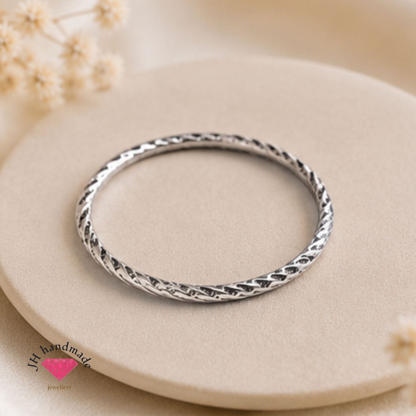 Solid Silver Twisted Diamond Cut Patterned Stacking Ring 1.5mm Handmmade