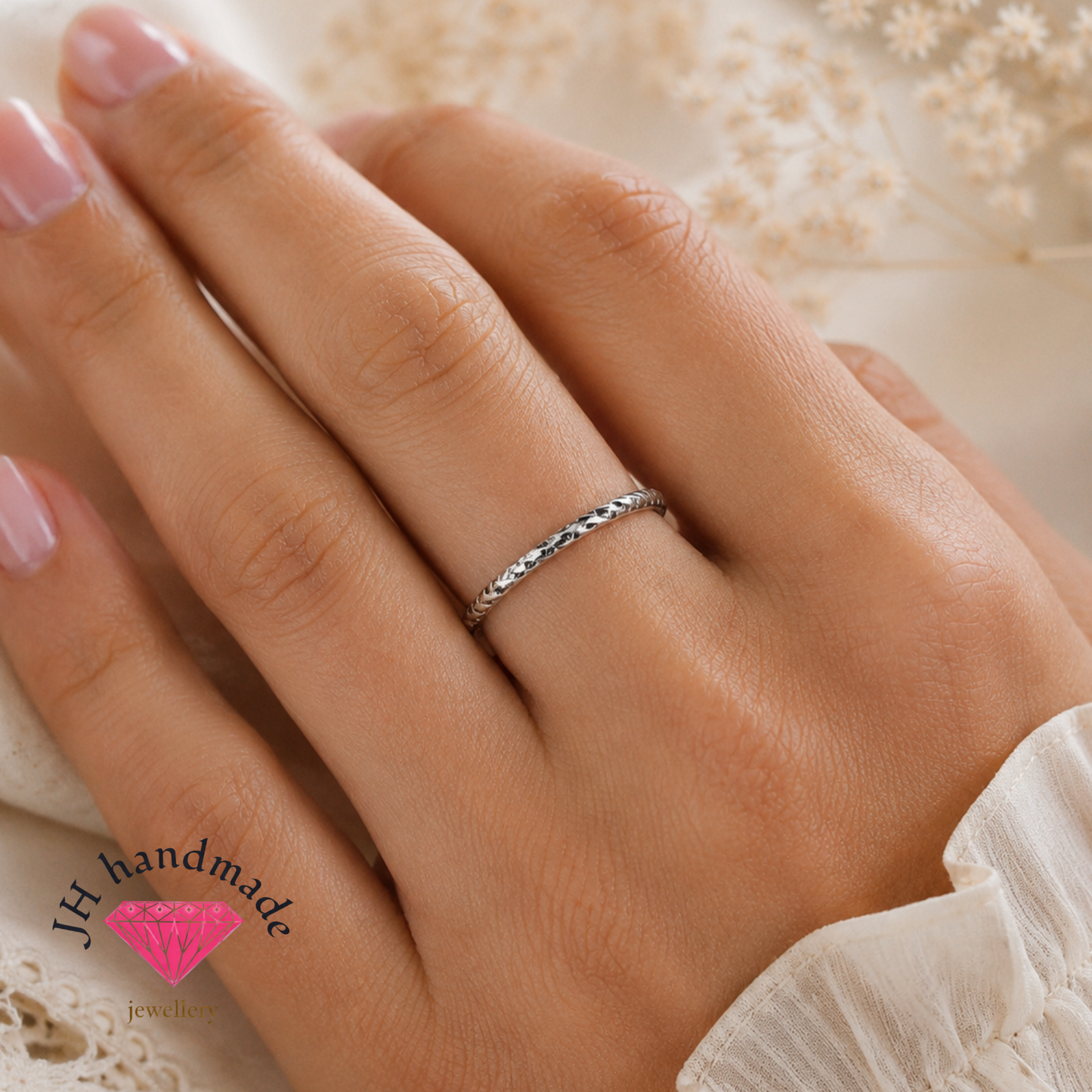 Solid Silver Twisted Diamond Cut Patterned Stacking Ring 1.5mm Handmmade