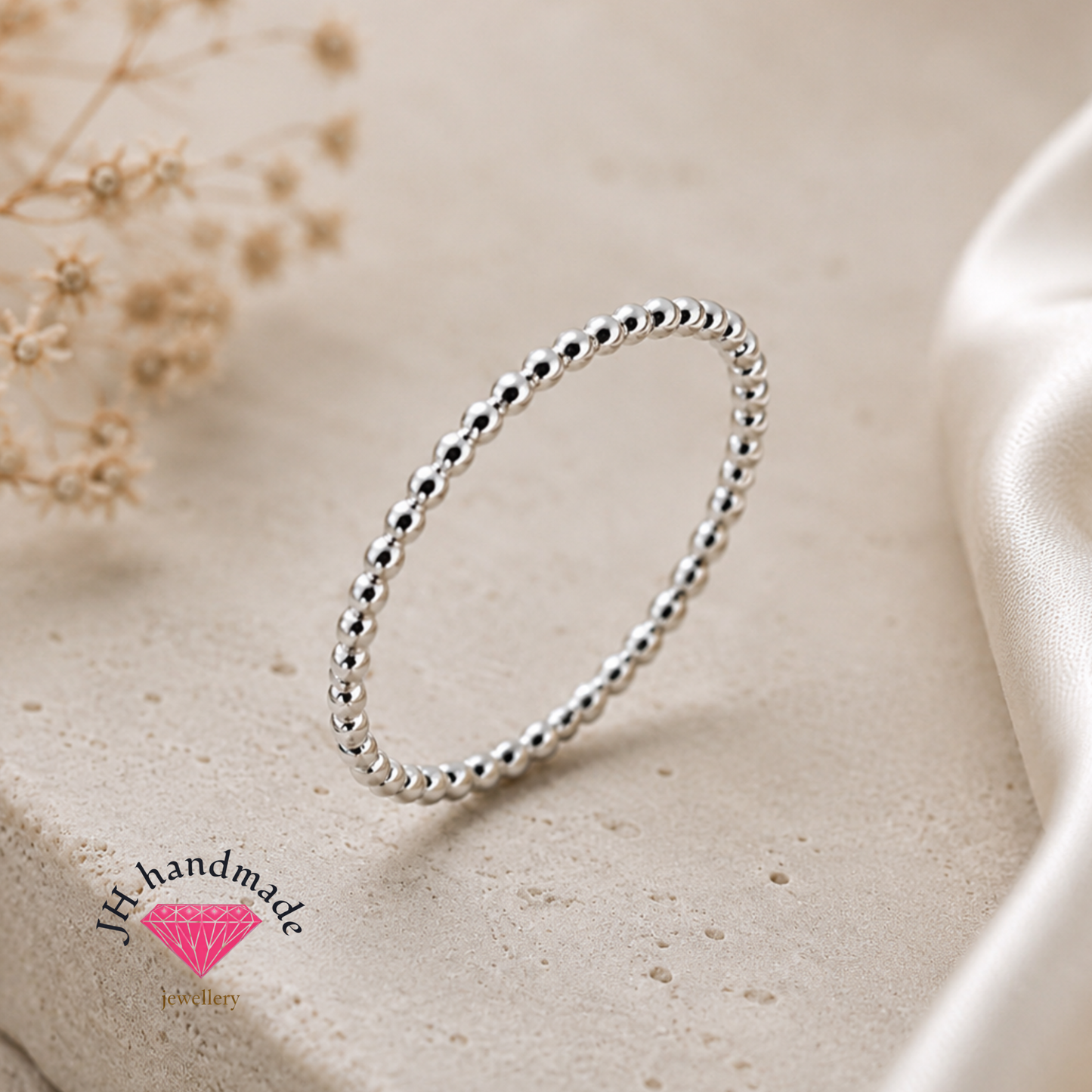 Solid Silver Beaded Stacking Ring 1.5mm Handmade