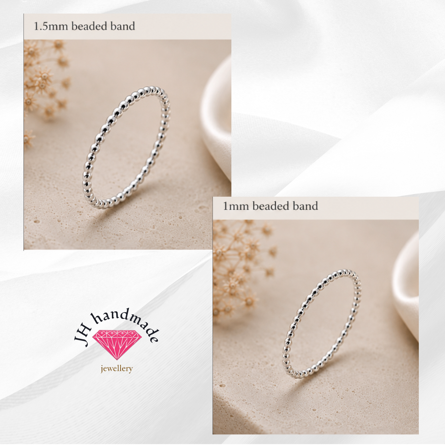 Solid Silver Beaded Stacking Ring 1.5mm Handmade