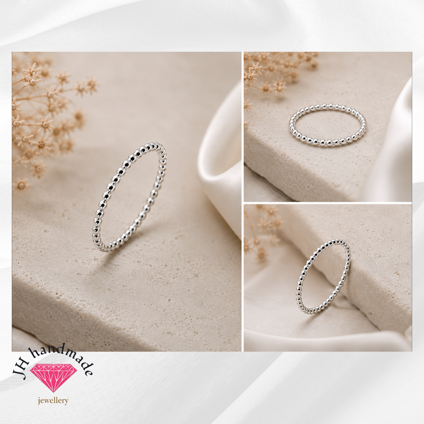Solid Silver Beaded Stacking Ring 1.5mm Handmade