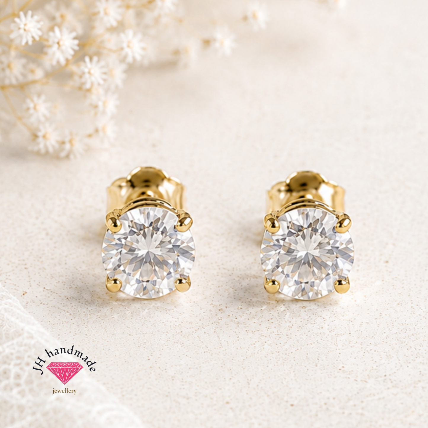 9CT Solid Gold White Topaz Stud Earrings 5mm Gemstones