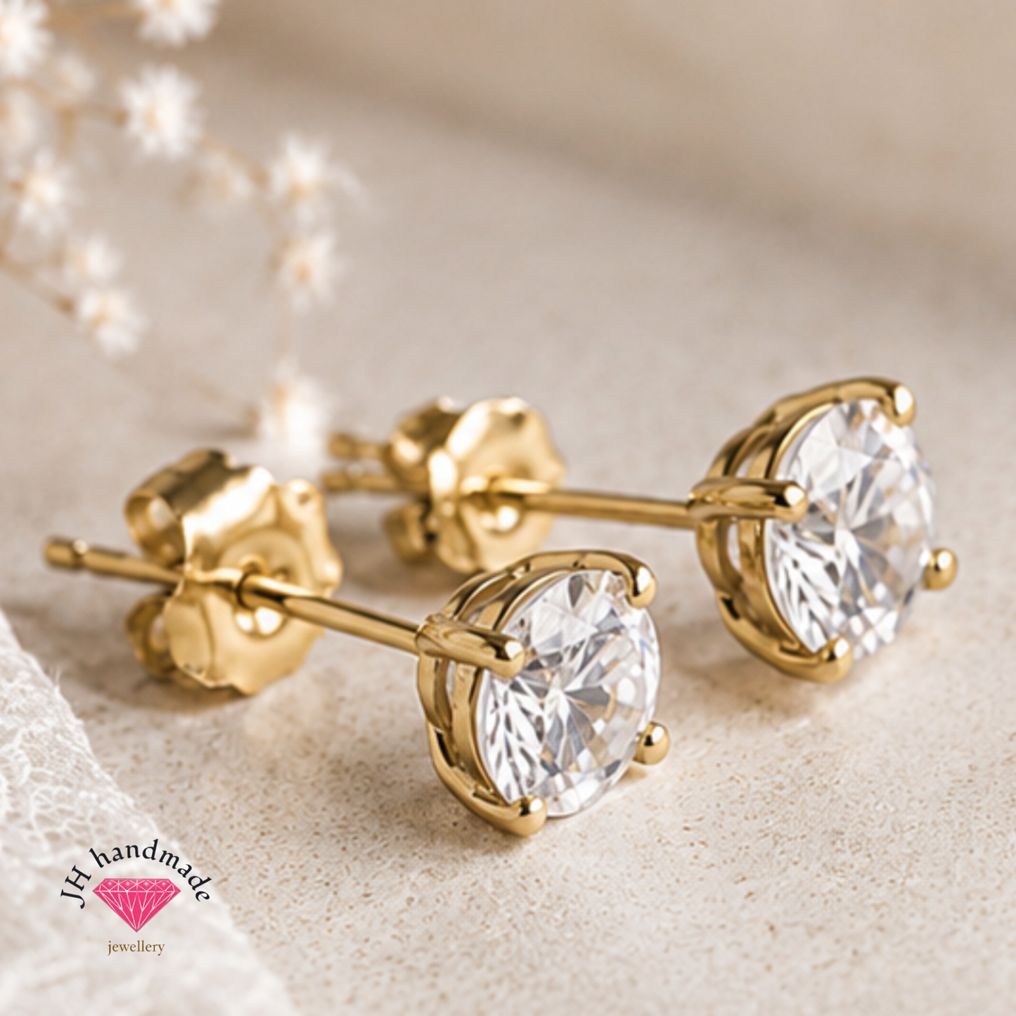 9CT Solid Gold White Topaz Stud Earrings 5mm Gemstones