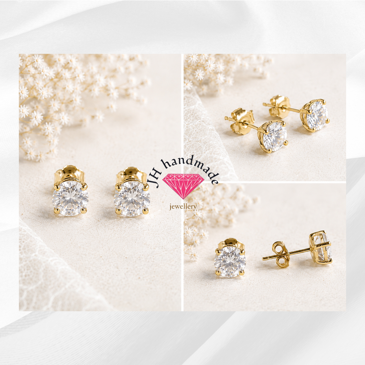 9CT Solid Gold White Topaz Stud Earrings 5mm Gemstones