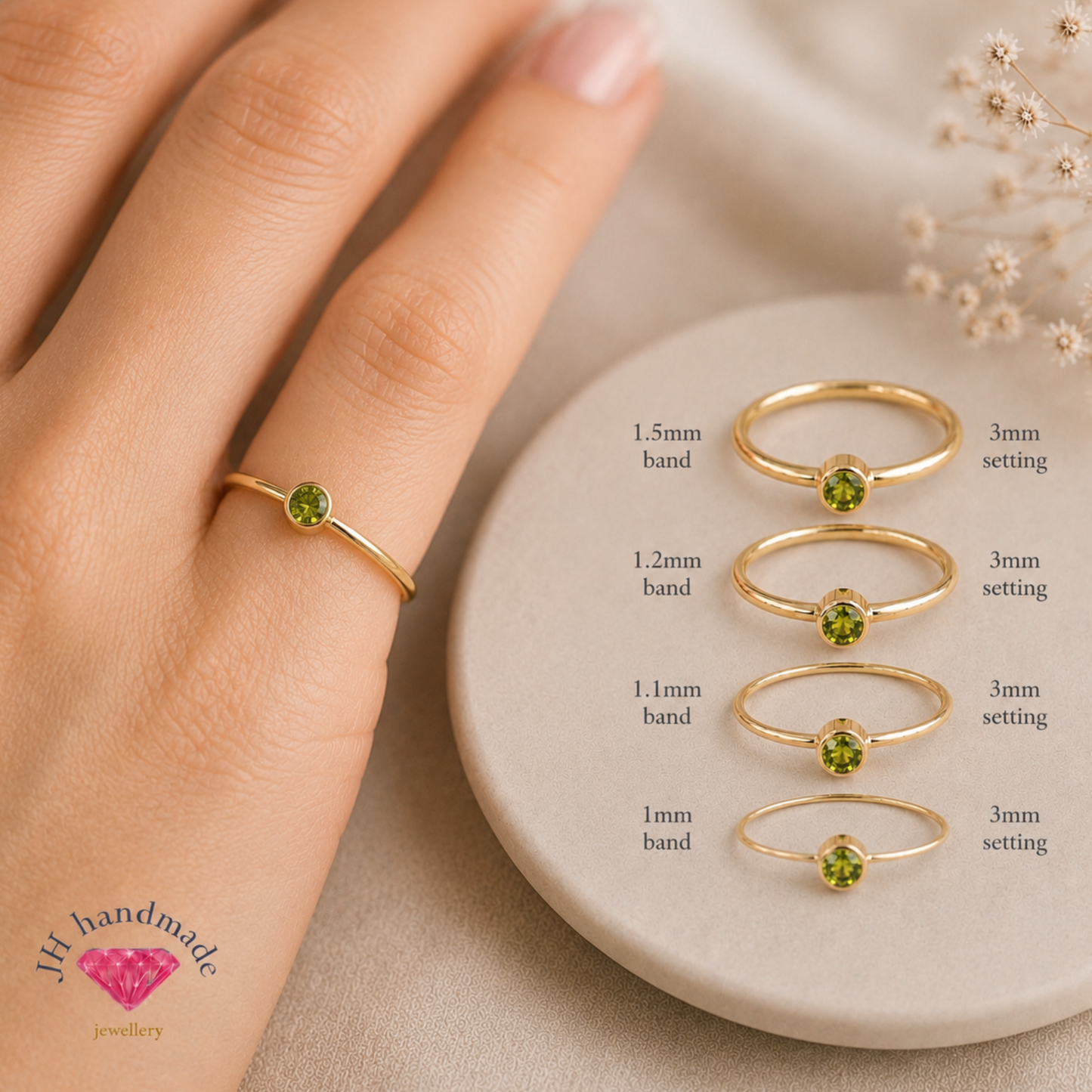 9ct Solid Gold Peridot Gemstone Stacking Ring Handmade