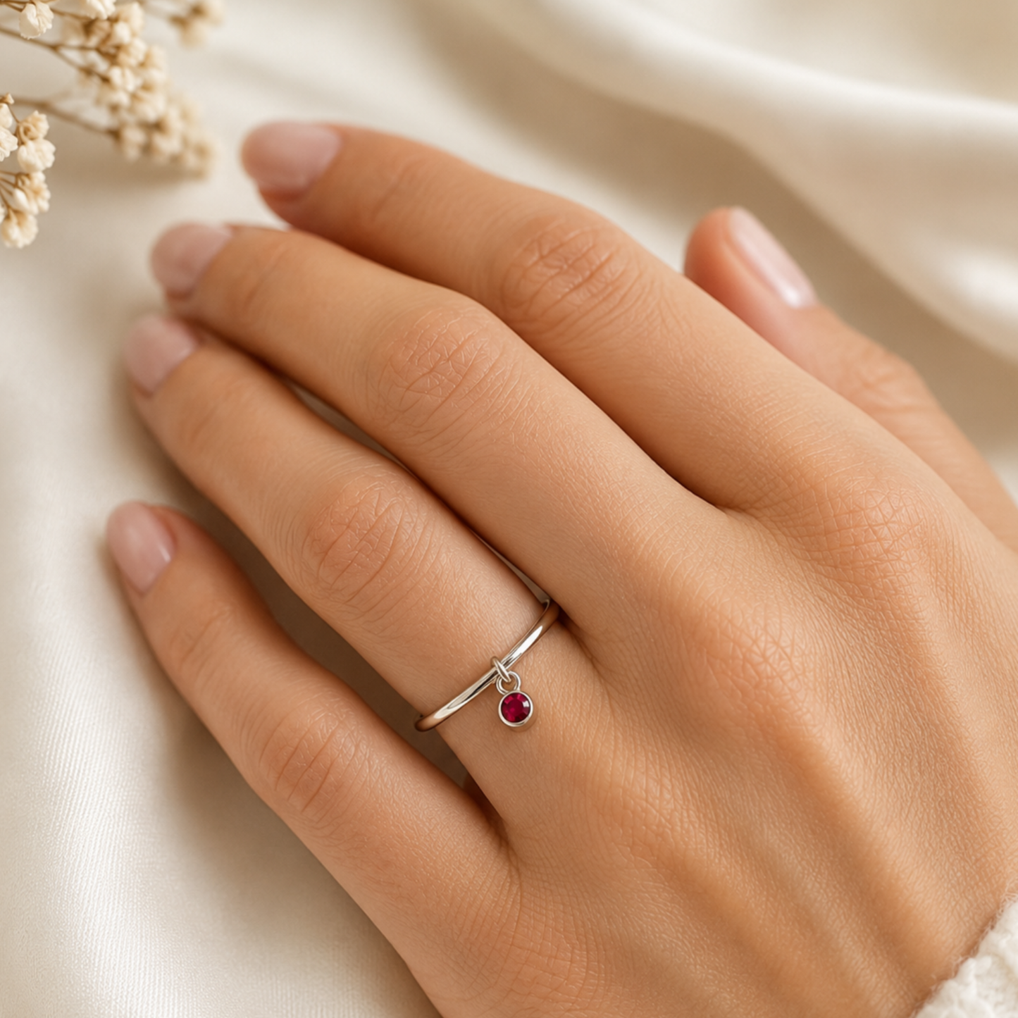 Solid Silver 3mm Birthstone Stacking Ring Handmade , Garnet, Amethyst, Aquamarine , Ruby , White Topaz , Emerald Pearl (Copy)