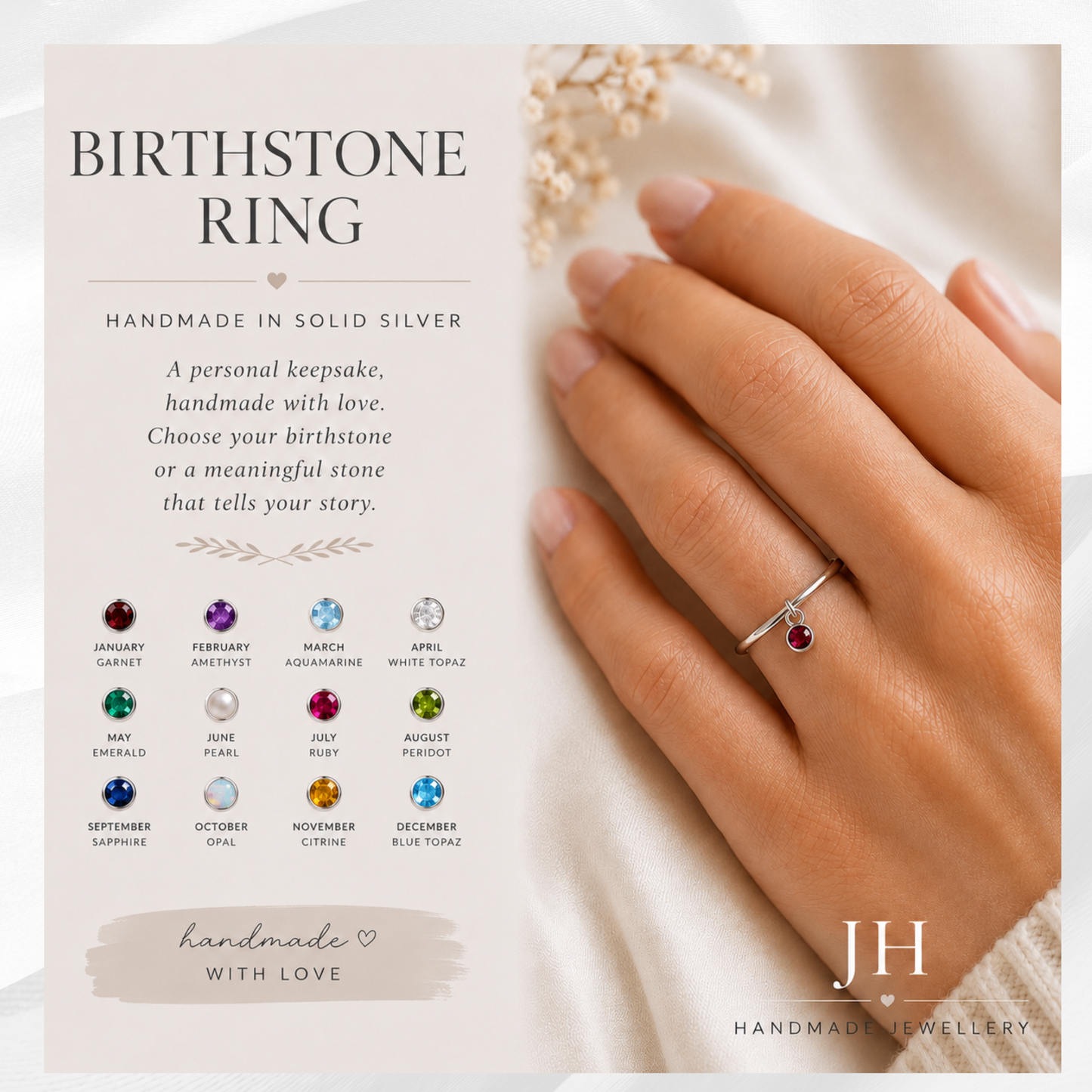 Solid Silver 3mm Birthstone Stacking Ring Handmade , Garnet, Amethyst, Aquamarine , Ruby , White Topaz , Emerald Pearl (Copy)