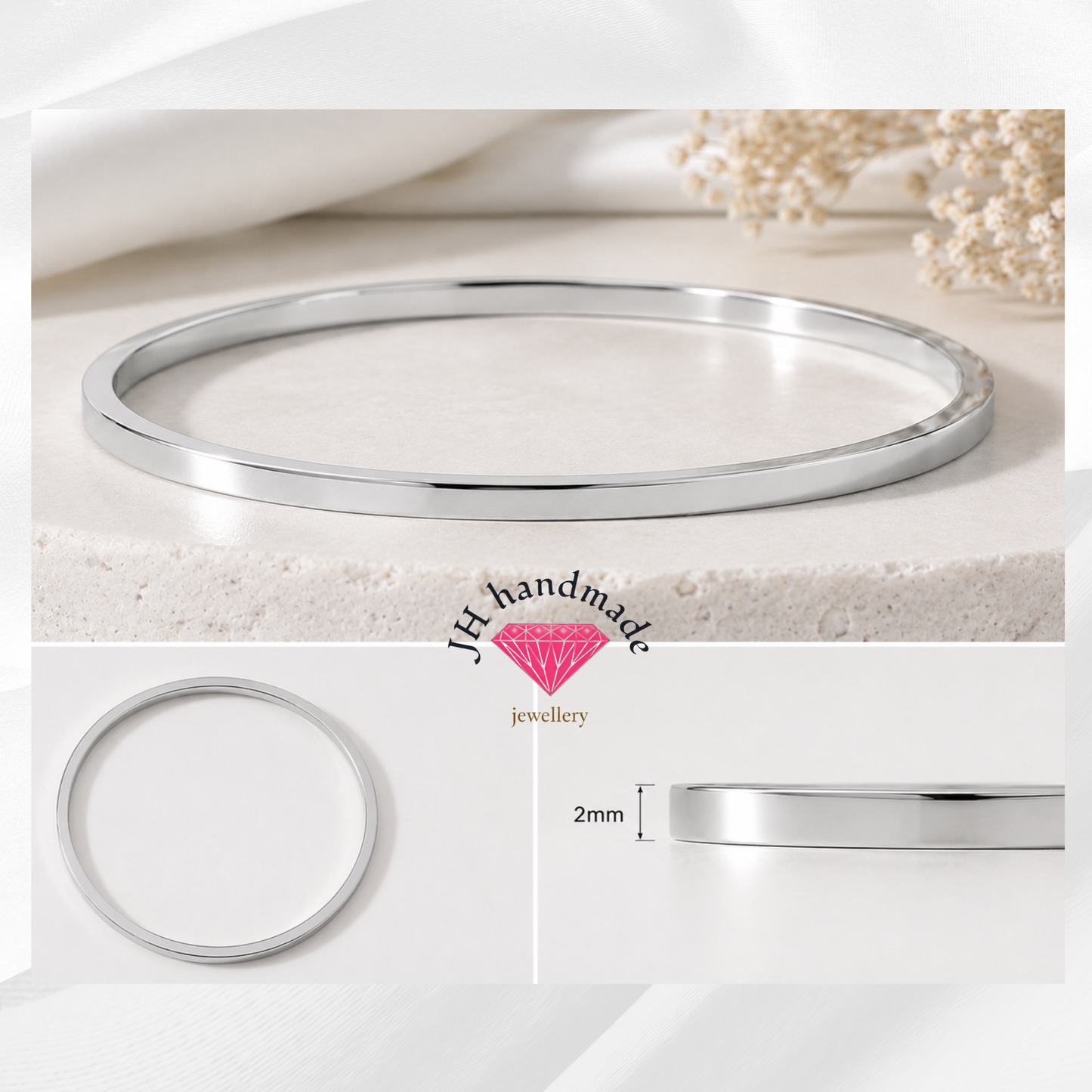 Solid Silver Square Edge Bangle 2mm Handmade
