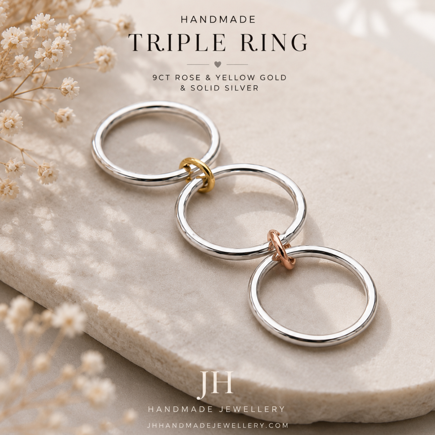 9ct solid Gold and Silver Triple Ring set