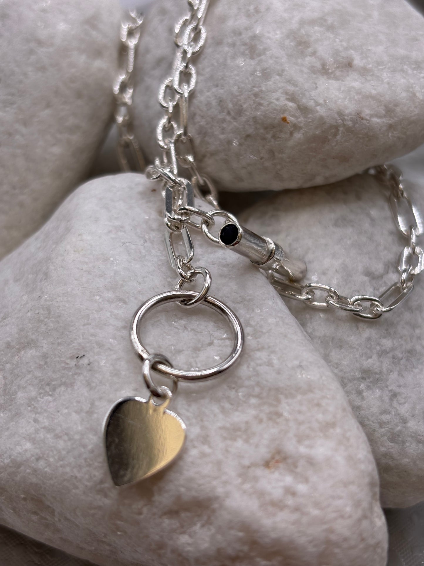 Solid silver T Bar Necklace set with Sapphires