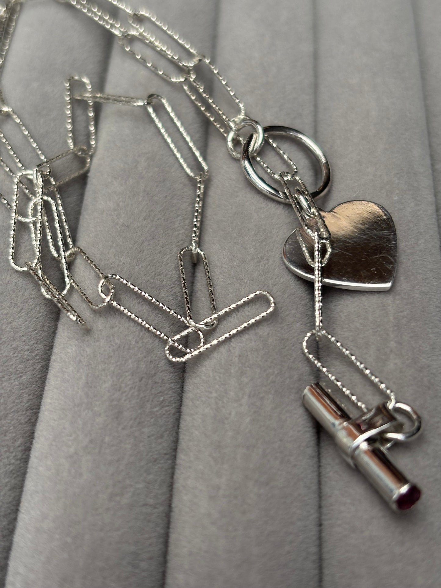 Solid Silver T/ Bar Necklace with gemstones and Heart Charm Handmade