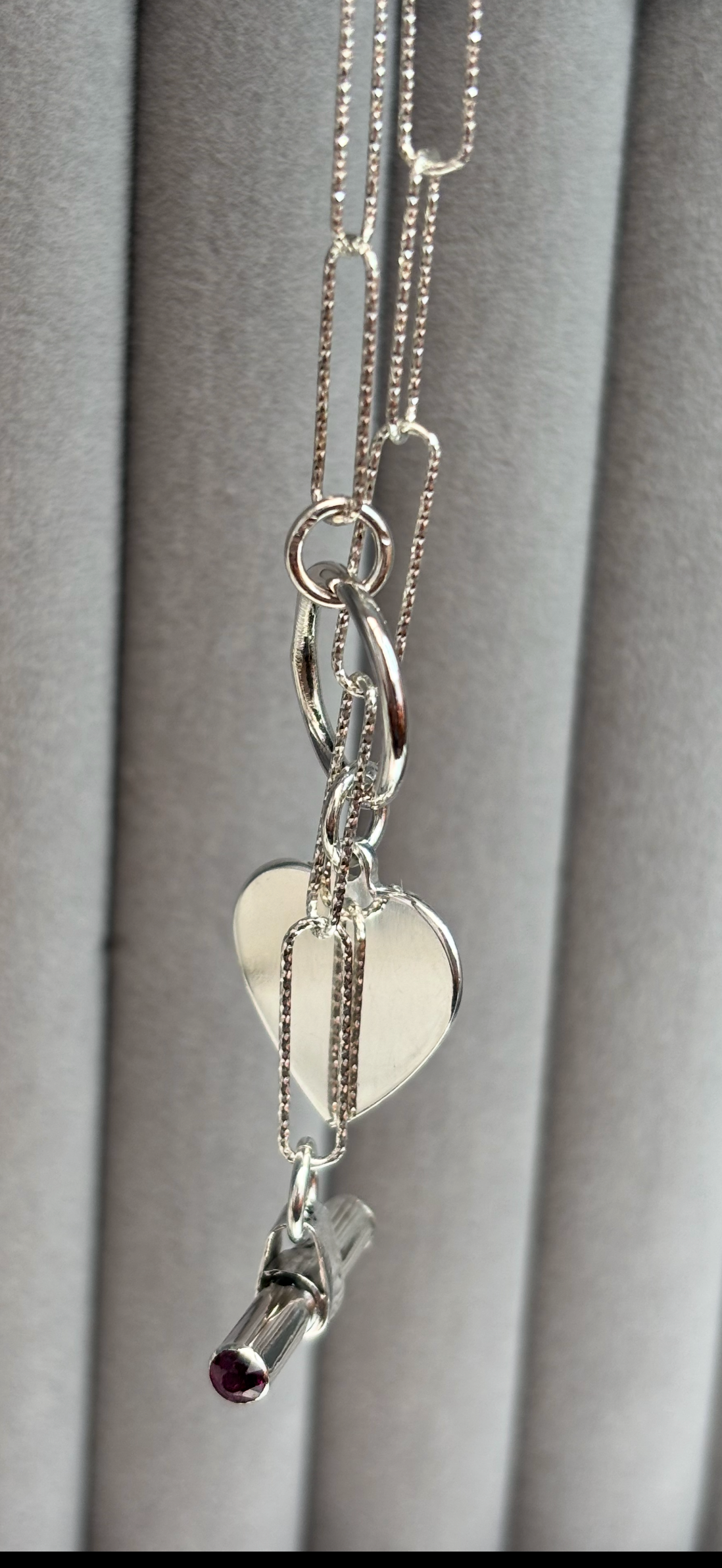 Solid Silver T/ Bar Necklace with gemstones and Heart Charm Handmade