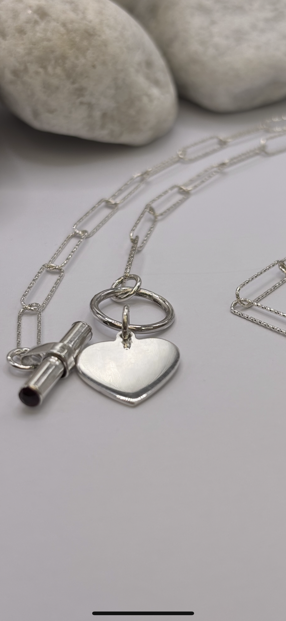 Solid Silver T/ Bar Necklace with gemstones and Heart Charm Handmade