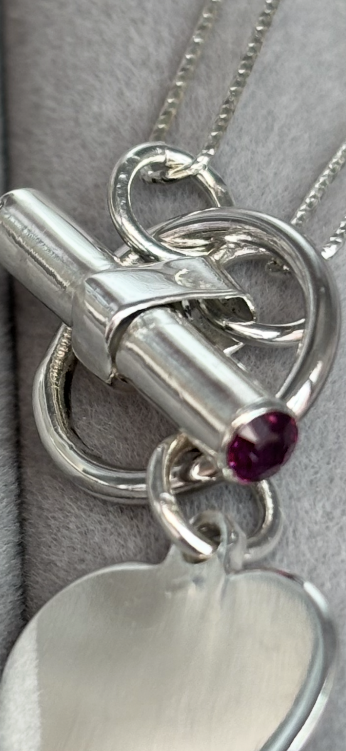 Solid Silver T/ Bar Necklace with gemstones and Heart Charm Handmade