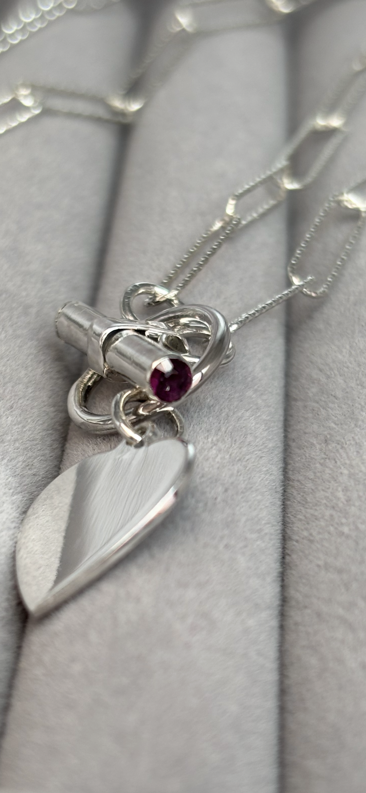 Solid Silver T/ Bar Necklace with gemstones and Heart Charm Handmade